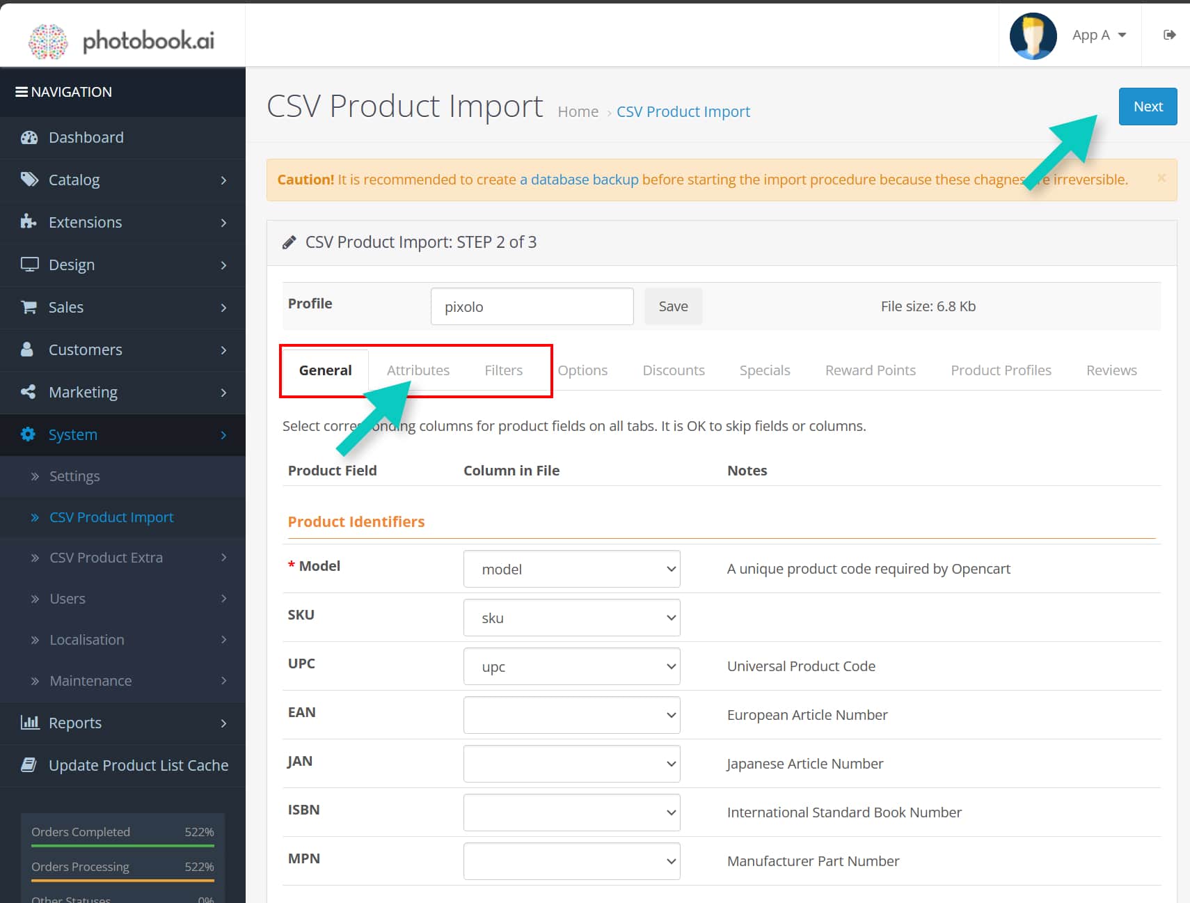 Edit import profile